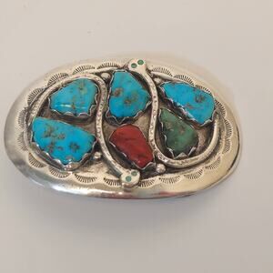 Vintage Zuni Tribe Sterling Silver And Turquoise Belt Buckle Made By Effie.C